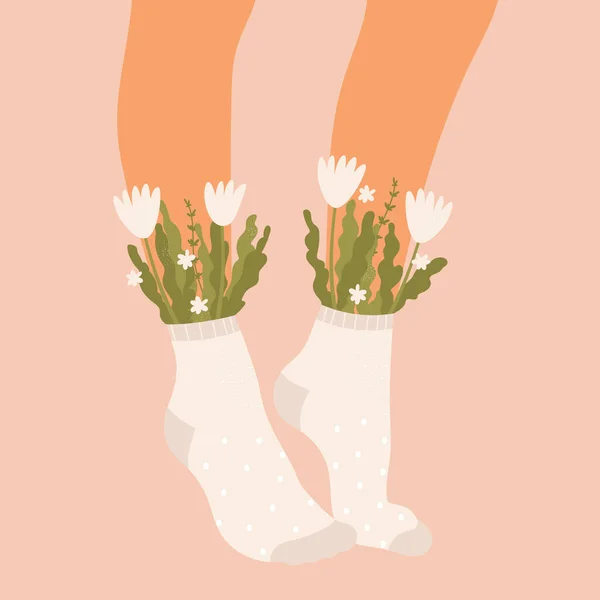 Çiçekler Yapraklar Çorap Içinde Bir Çift Kadın Bacağında Yaz Buketi — Stok Vektör