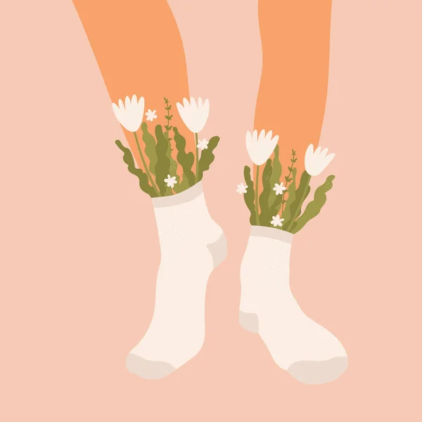 Квіти Листя Шкарпетках Парі Жіночих Ніг Літній Букет Естетичний Цвіте — стоковий вектор
