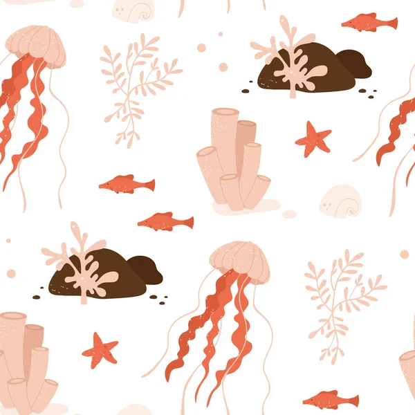 해파리 물고기 껍질을 가지고 동물들의 무미건조 패턴입니다 바다의 직물을 — 스톡 벡터