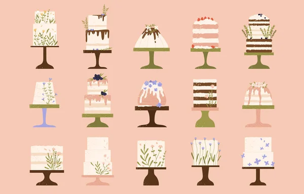 결혼식이나 케이크 콜렉션 꽃봉오리 케이크 미학은 가사는 형식으로 고립된 분홍색 — 스톡 벡터