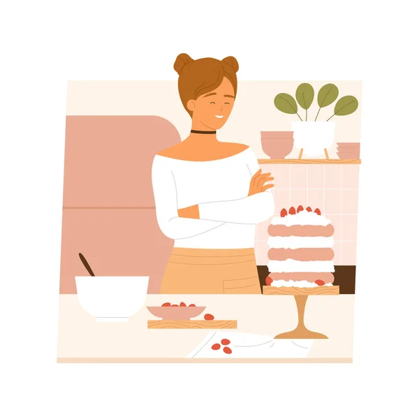 Girl Kitchen Decorating Cake Fresh Strawberries Sweet Modern Cake Aesthetic — Stockvector