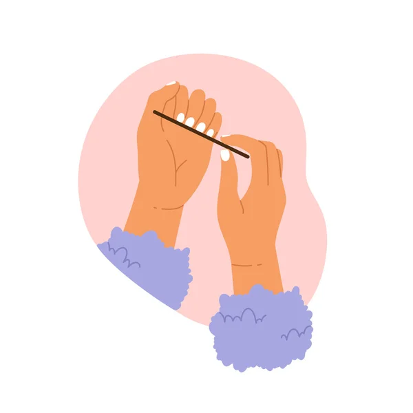 Female Hands Filing Nails Polish Women Hands Manicure Nail Care — Vetor de Stock