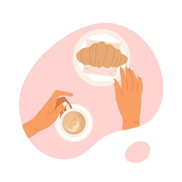 Top View Cafe Table Female Hands Holding Croissant Cup Coffee — Stock Vector