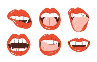Set of vampire's lips with fangs. A woman's mouth with bright red lips and long, sharp teeth. Vampire aesthetic collection. Vector illustration in cartoon style. Isolated white background