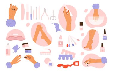 Manicure tools set. Women's hand and accessories collection. Products for nail care in the salon or at home. Beauty treatment aesthetic. Vector illustration in cartoon style. Isolated white background
