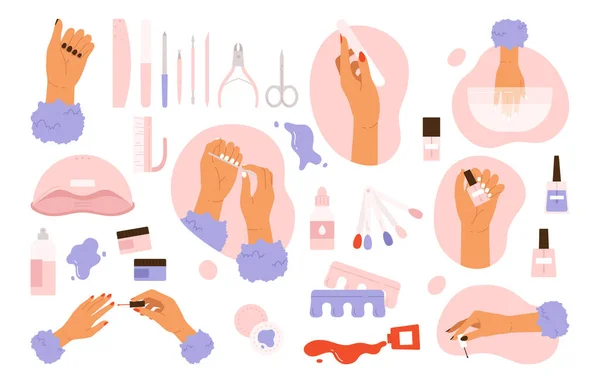 Manicure tools set. Women's hand and accessories collection. Products for nail care in the salon or at home. Beauty treatment aesthetic. Vector illustration in cartoon style. Isolated white background