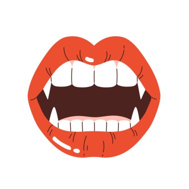 Vampire lips with fangs. A woman's mouth with bright red lips and long, sharp teeth. Vampire aesthetic. Halloween  element. Vector illustration in cartoon style. Isolated white background