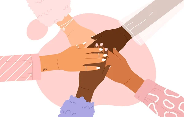 Group of people with different skin color putting hands together. The concept of support, teamwork, mutual assistance, social movement, friendship. United women of different nationalities.Vector illustration cartoon style. Isolated white background