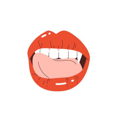 Vampire lips with fangs. A woman's mouth with bright red lips and long, sharp teeth. Vampire aesthetic. Halloween element. Vector illustration in cartoon style. Isolated white background