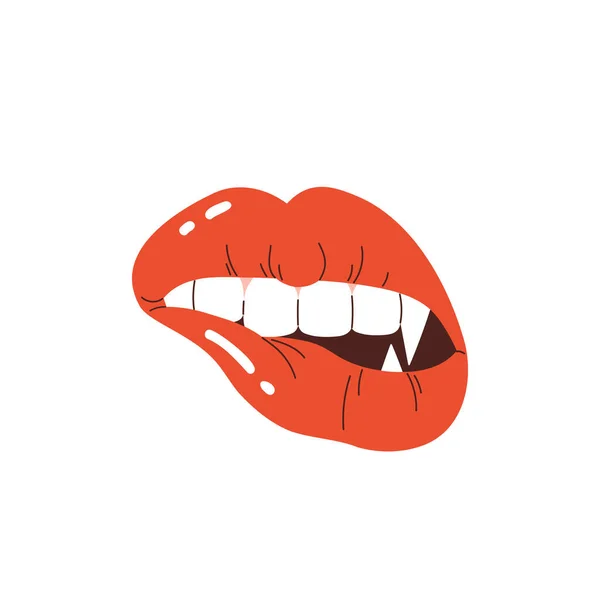 Vampire Lips Fangs Woman Mouth Bright Red Lips Long Sharp — Stock Vector