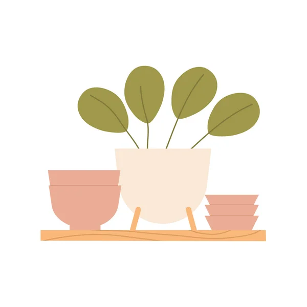 Современная Кухонная Полка Домашним Растением Стильной Кастрюле Тарелками Тарелками Супа — стоковый вектор