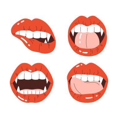 Set of vampire's lips with fangs. A woman's mouth with bright red lips and long, sharp teeth. Vampire aesthetic collection. Vector illustration in cartoon style. Isolated white background