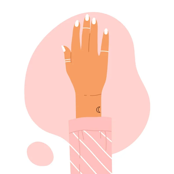 Trendig Kvinnlig Manikyrerad Hand Med Snygga Ringar Och Måntatuering Skönhetsbehandling — Stock vektor