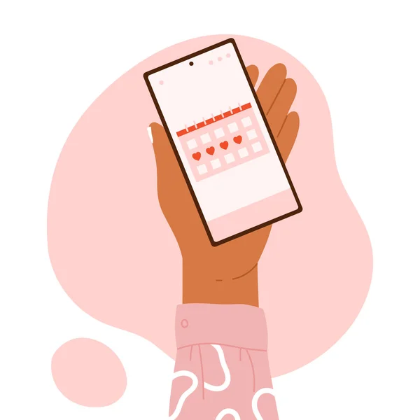 Kvinna Hand Hålla Telefonen Med Menstruation Cykel Kalender Tracker Telefonapp — Stock vektor