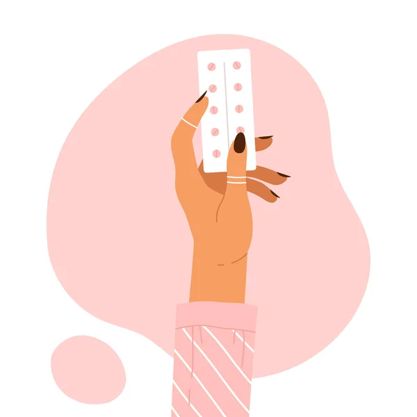 Vrouwelijke Handpil Blisterverpakking Gezondheidszorg Behandelingsconcept Vector Illustratie Cartoon Stijl Geïsoleerde — Stockvector