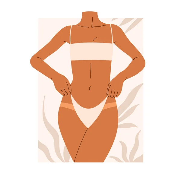 Kvinnlig Kropp Baddräkt Med Tropiska Blad Kvinnlig Figur Visar Solbränna — Stock vektor