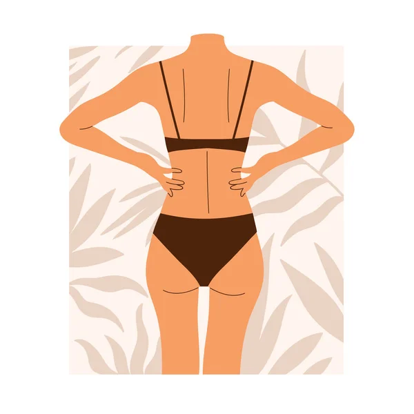 Cuerpo Femenino Traje Baño Con Hojas Tropicales Figura Mujer Chica — Vector de stock