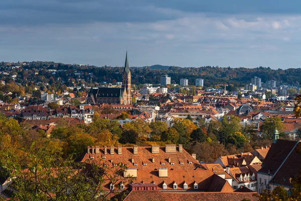 Aerial Panorama View Graz City Old Town Schlossberg Sunny Day — Stock Photo, Image