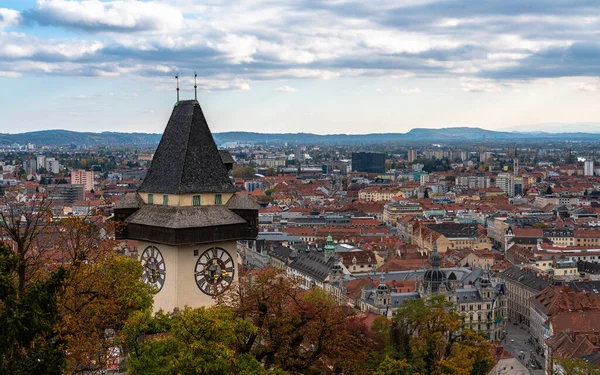 Aerial Panorama View Graz City Old Town Schlossberg Clock Tower — Stock Photo, Image