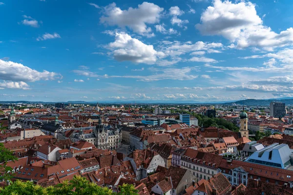 Aerial Panorama View Graz City Old Town Castle Hill Schlossberg — Foto Stock