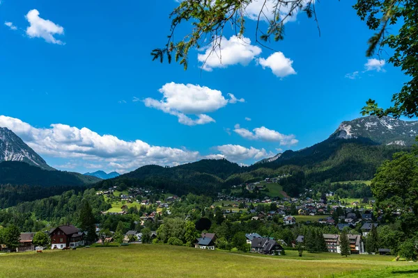 Beautiful Idyllic Panorama View Village Altaussee Sunny Summer Day Blue — Photo