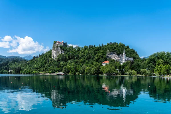 Beautiful Idyllic Panorama View Lake Bled Bled Castle Martin Parish — Stock Photo, Image
