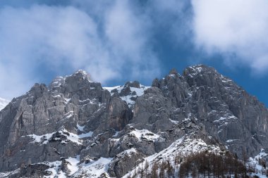 Stunning panorama view of Dachstein massif with snow and glacier on a sunny winter day with blue sky cloud, Ramsau am Dachstein, Styria, Austria