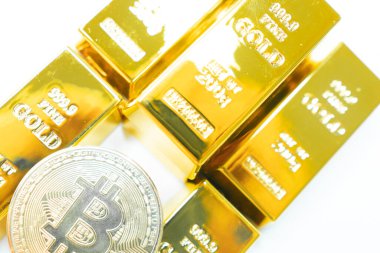 Altın külçeli Bitcoin altın sikke. Kripto para birimi konsepti. Sanal para birimi. Bitcoin altın kadar cazip