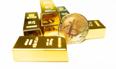 Altın külçeli Bitcoin altın sikke. Kripto para birimi konsepti. Sanal para birimi. Bitcoin altın kadar cazip
