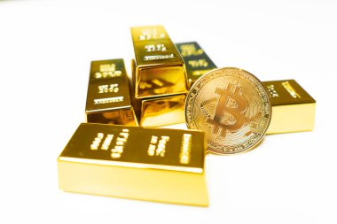 Altın külçeli Bitcoin altın sikke. Kripto para birimi konsepti. Sanal para birimi. Bitcoin altın kadar cazip