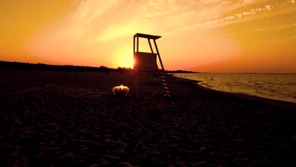 Praia mediterrânea com cadeira salva-vidas de madeira no pôr do sol, — Vídeo de Stock