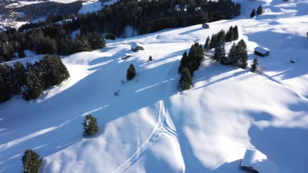눈덮인 숲과 산에서의 겨울과 유명 한 겨울 스키를 공중에서 볼 수있다. 고산 지대의 겨울 날입니다. 오스트리아, 스위스, 폴란드, 타트라 산에서의 겨울. — 비디오