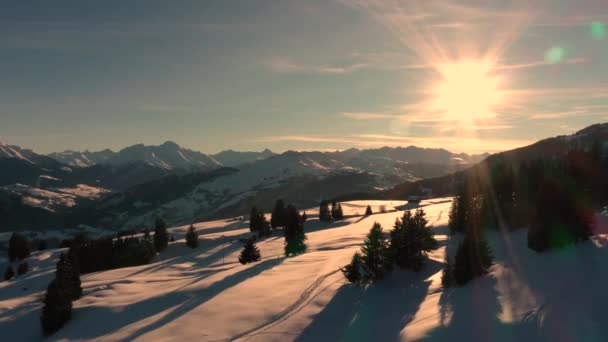 Golden Sun Light at Sunset in Mountains (en inglés). Hermosa noche soleada. Vista aérea de las montañas de invierno. Hermoso paisaje de invierno. Volando por encima de las montañas de los Alpes nevados. — Vídeo de stock