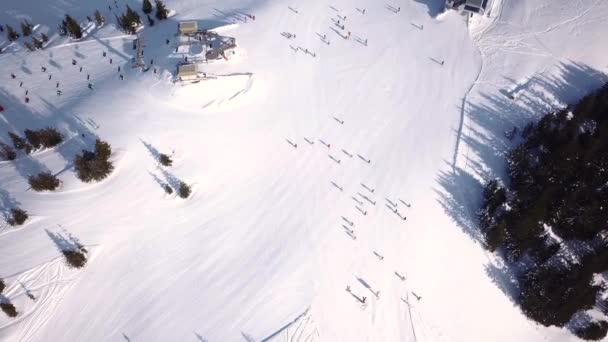 Luftaufnahme der Menschen Skifahren und Snowboarden auf Hügel, Skigebiet. Drohne fliegt über Skifahrer, die den Berg hinunter fahren,