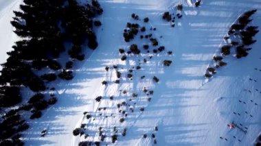 Kayak pistinin eteğinde kayakçı ve snowboardculardan oluşan bir kalabalığın olduğu hava manzarası. Alpler Avusturya