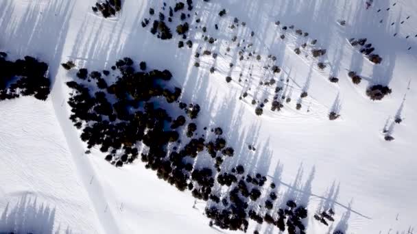 Люди катаются на лыжах и сноуборде на снежном склоне зимнего горнолыжного курорта. Лыжный лифт на снежной горе. Зимняя активность — стоковое видео