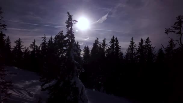 Snowy mountains in low clouds and blue sky at sunset in winter. Panoramic landscape with beautiful snow covered rocks in fog in frosty evening. Aerial view of high peaks. Alps in Dolomites, Italy — Stock Video