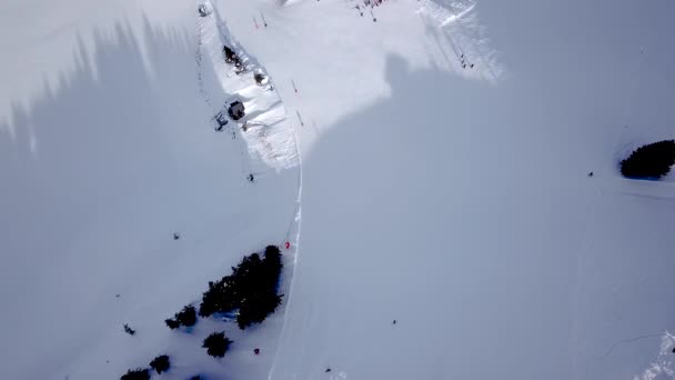 Luftaufnahme des Skigebiets mit Snowboardern den Hügel hinunter. Archivmaterial. Überfliegen der Ski- oder Snowboardbahn auf weißem Schnee, umgeben von dichtem Wald im Winter, Reisen und Sport — Stockvideo