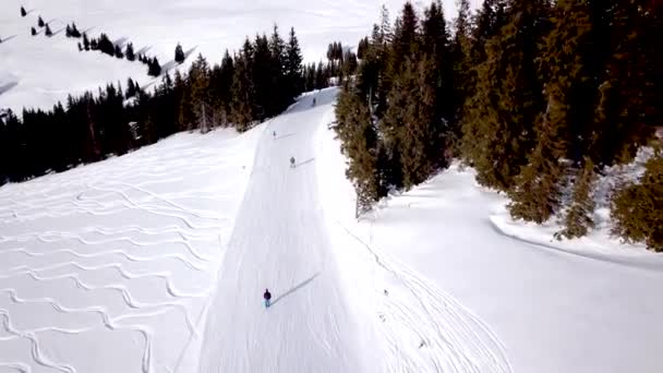Tepenin aşağısında snowboard yapan insanların olduğu kayak merkezinin havadan görüntüsü. Stok görüntüleri. Kış mevsiminde sık ormanlarla çevrili beyaz kar üzerinde kayak pistinde uçmak, seyahat ve spor — Stok video