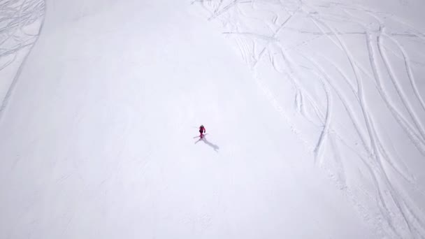 Aerea di stazione sciistica a sole montagne con pineta. Gli sciatori scendono su pendio di neve a impianti di risalita. Paesaggio naturale invernale. Uomini e donne sport estremi. Stile di vita attivo e sano. Alberi di abete bianco — Video Stock