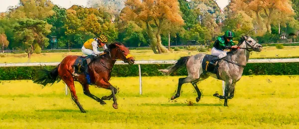 Pintura Cavalos Corrida Galopantes Competição Corrida Corrida Cavalos Equitação Esporte — Fotografia de Stock