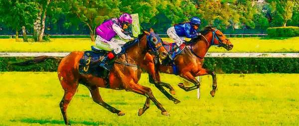 Obraz Dwóch Dżokejów Podczas Wyścigów Konnych Jego Koniach Zmierzających Kierunku — Zdjęcie stockowe