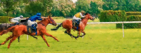 Yarış Pistinde Bitiş Çizgisine Doğru Koşan Jokeylerin Atlarını Boyuyorlar — Stok fotoğraf