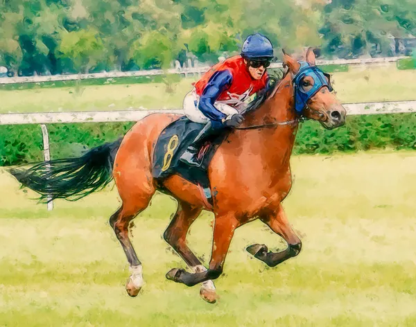 Jockeys Sur Ligne Arrivée Son Cheval Course Peinture — Photo