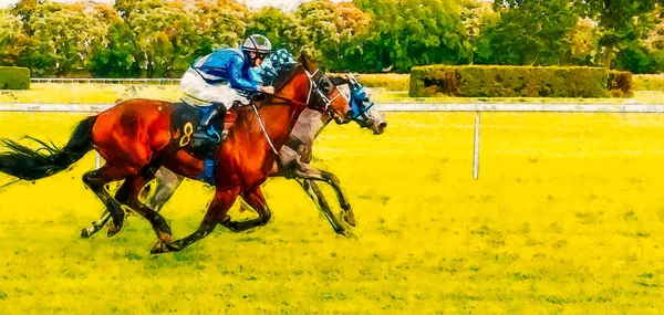 Jockeys Auf Ihren Pferden Laufen Auf Der Rennstrecke Dem Ziel — Stockfoto