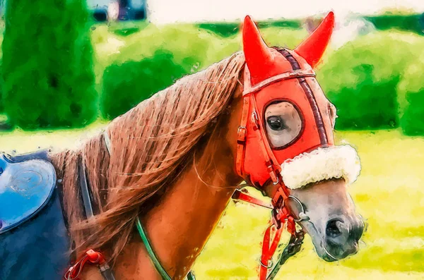 Portrait Stunning Dressage Chestnut Budyonny Gelding Horse Bridle Painting — Stock Photo, Image