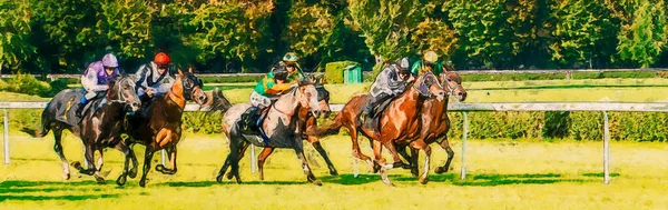 レース競技での疾走レース馬の絵 水彩画のイラストを実行している競馬乗馬スポーツジョッキーの競争馬 — ストック写真