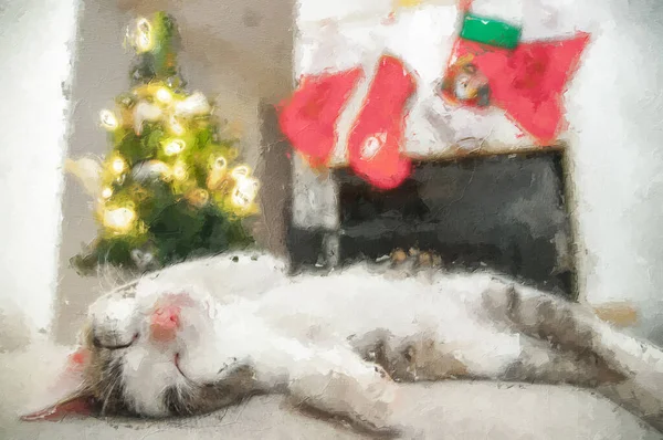 Painting Christmas Cat Portrait Striped Kitten Playing Christmas Lights Garland — Stock Photo, Image