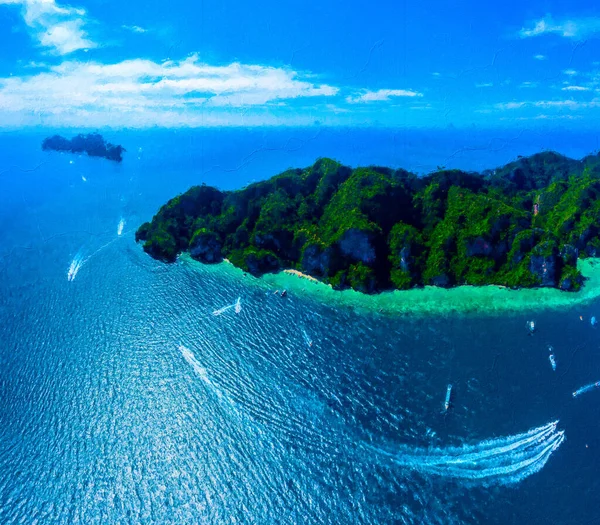 Painting Tropical Turquoise Water Maya Bay Limestone Cliffs Panorama Seascape — Stock Photo, Image