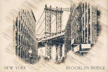 Brooklyn Köprüsü, New York, Manhattan. Binaları, yolları, köprüsü ve şehir manzarası olan bir şehir. Kartpostal tasarımı. Çizim